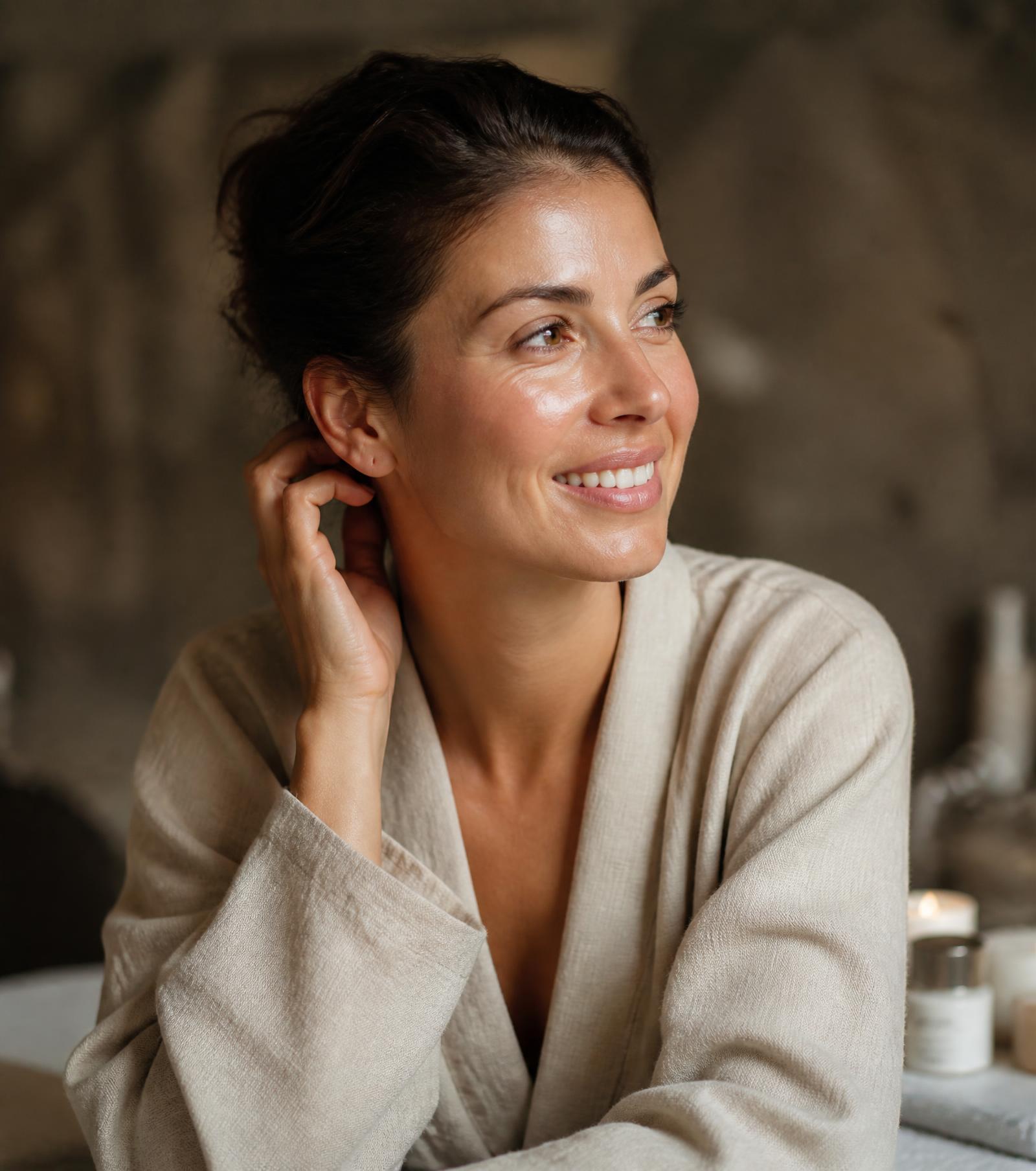 Client with radiant, healthy glowing skin after treatment at Zhila Aesthetics
